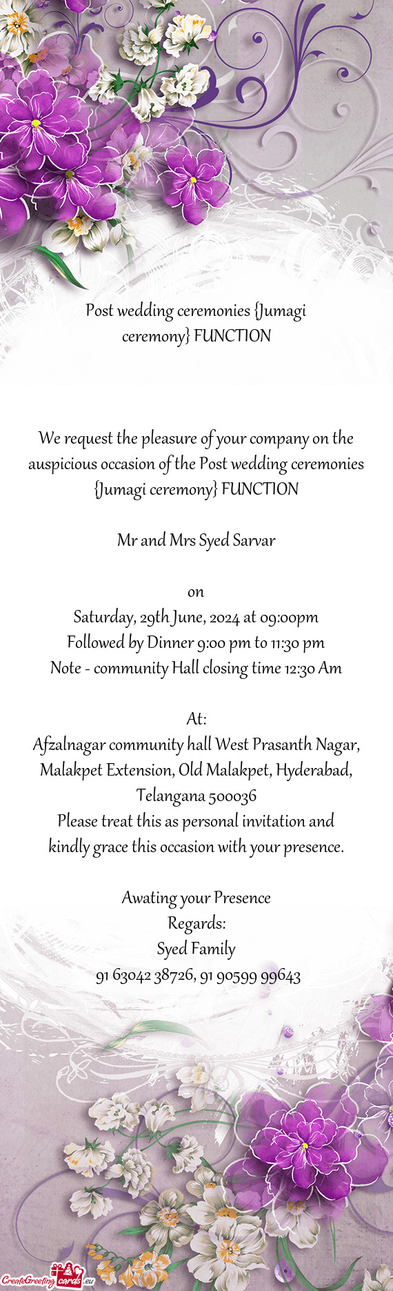 We request the pleasure of your company on the auspicious occasion of the Post wedding ceremonies {J