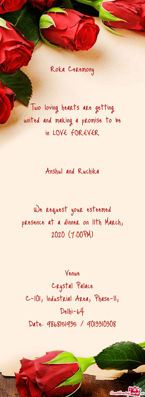 We request your esteemed presence at a dinner on 11th March, 2020 (7:00PM)