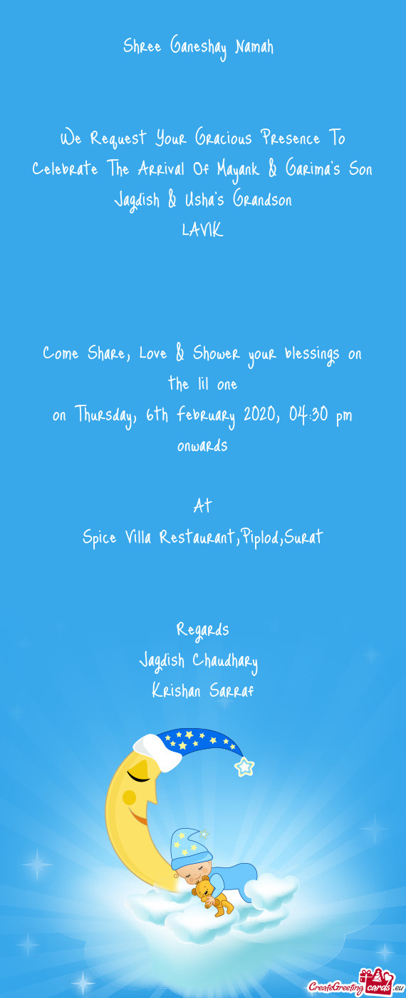 We Request Your Gracious Presence To Celebrate The Arrival Of Mayank & Garima’s Son