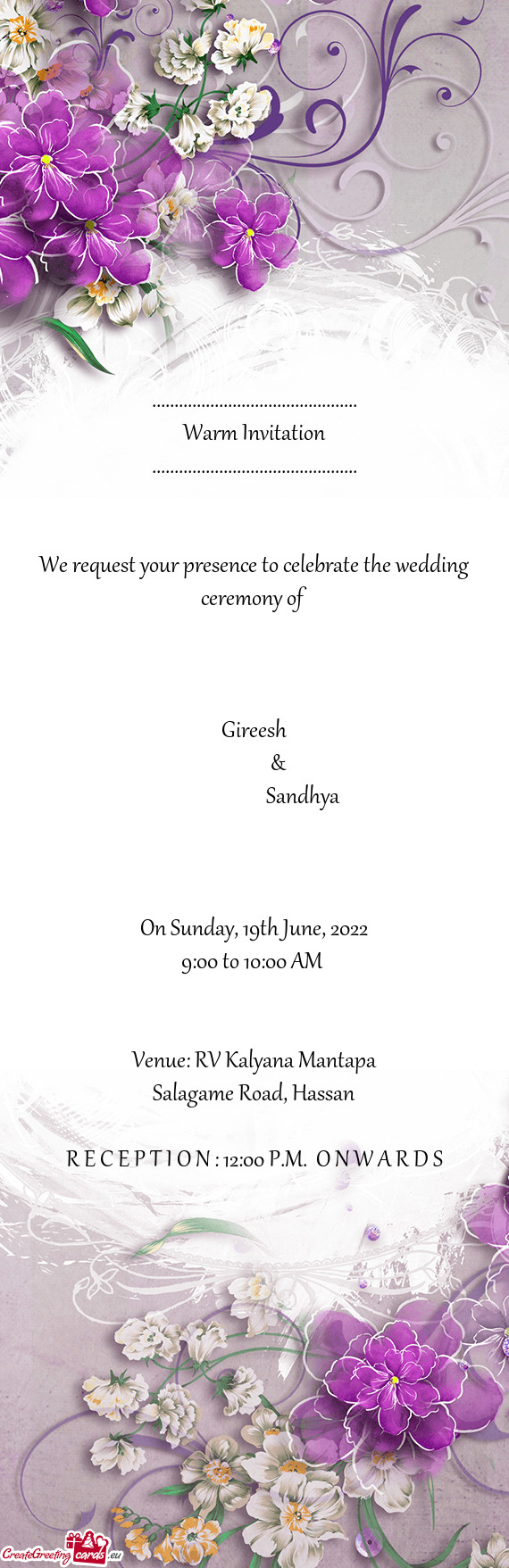 We request your presence to celebrate the wedding ceremony of