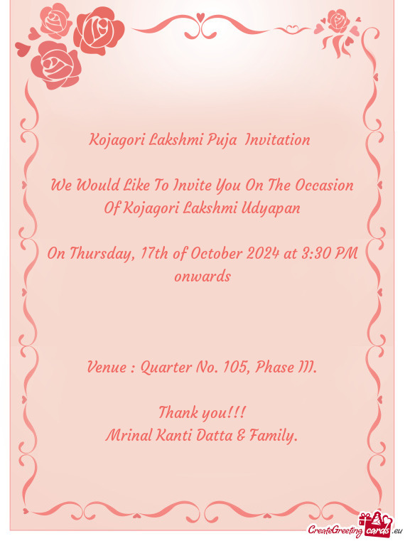 We Would Like To Invite You On The Occasion Of Kojagori Lakshmi Udyapan