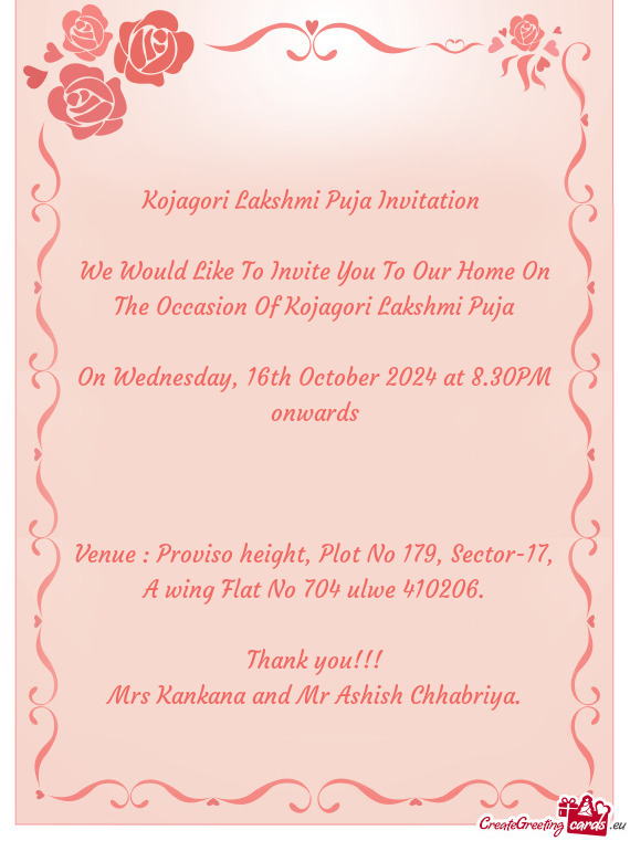 We Would Like To Invite You To Our Home On The Occasion Of Kojagori Lakshmi Puja