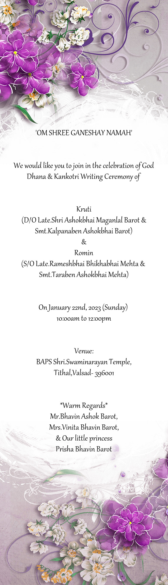 We would like you to join in the celebration of God Dhana & Kankotri Writing Ceremony of