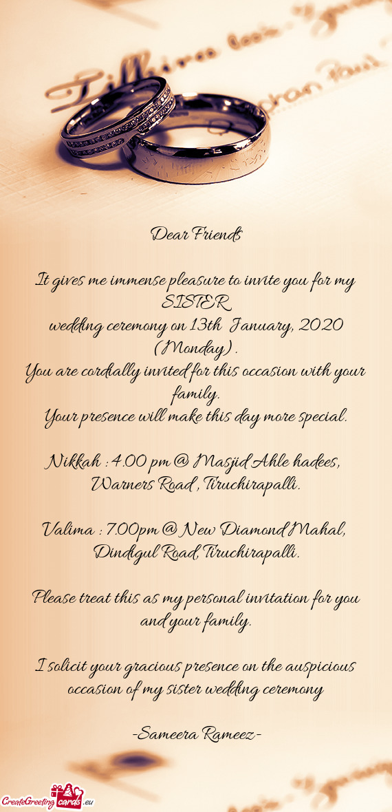 Wedding ceremony on 13th January, 2020 (Monday)