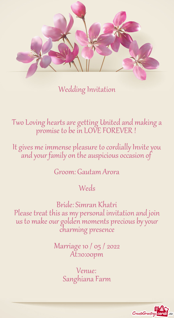 Wedding Invitation  Two Loving hearts are getting United and making a promise to be in LOVE FO