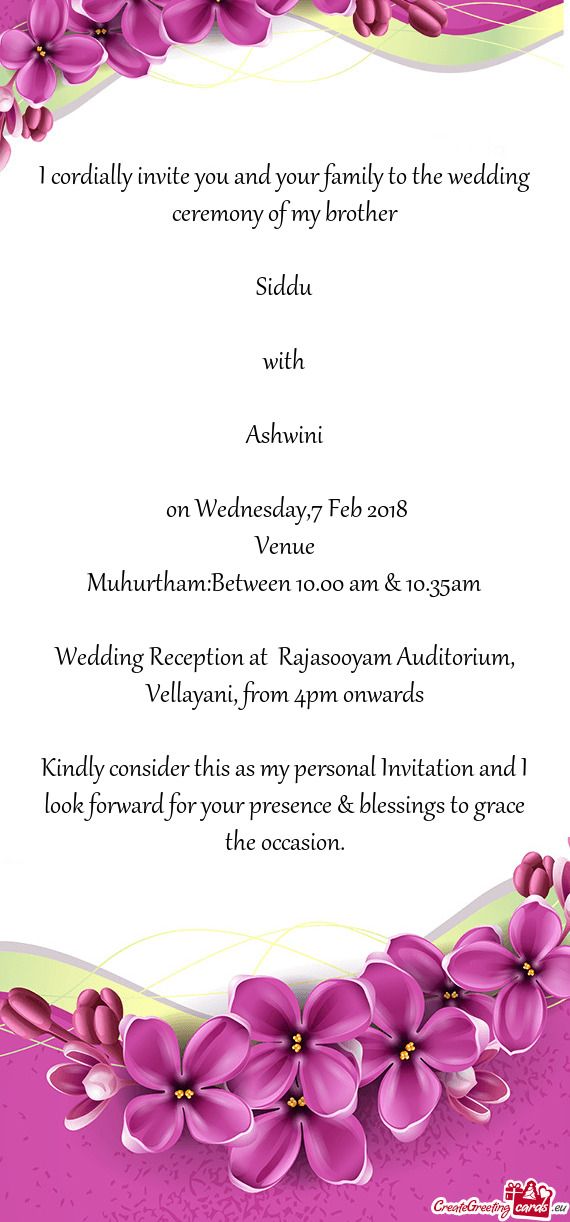 Wedding Reception at Rajasooyam Auditorium, Vellayani, from 4pm onwards
