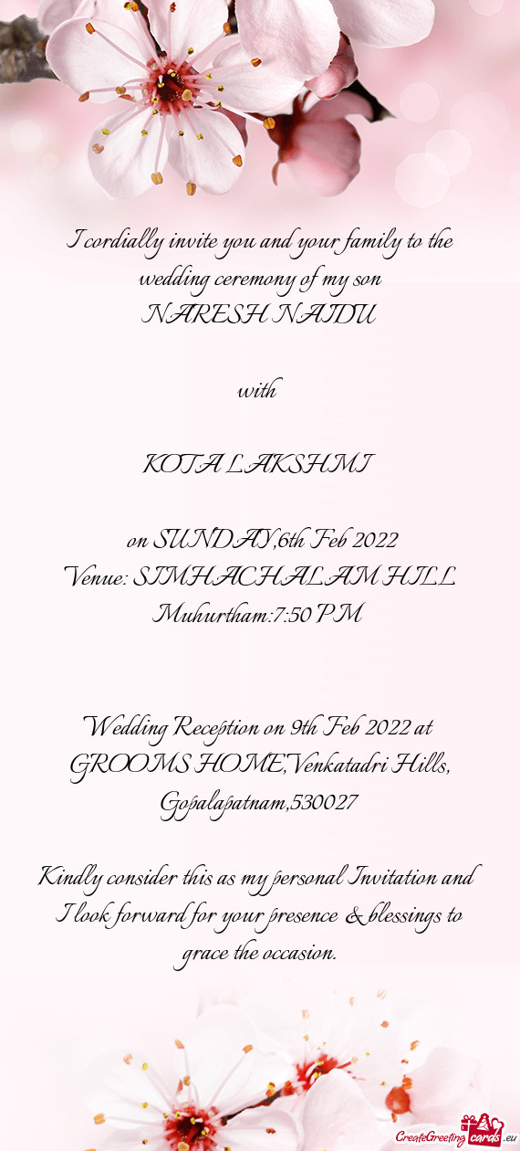 Wedding Reception on 9th Feb 2022 at GROOMS HOME,Venkatadri Hills, Gopalapatnam,530027