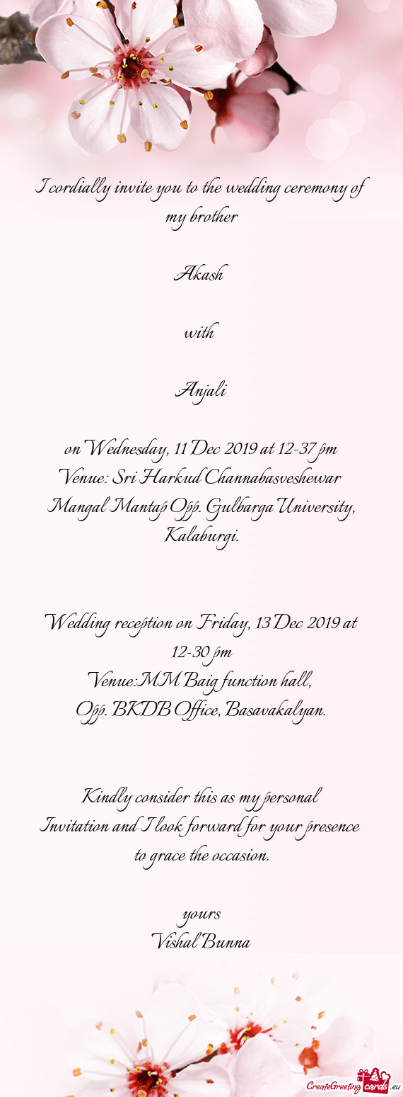 Wedding reception on Friday, 13 Dec 2019 at 12-30 pm
