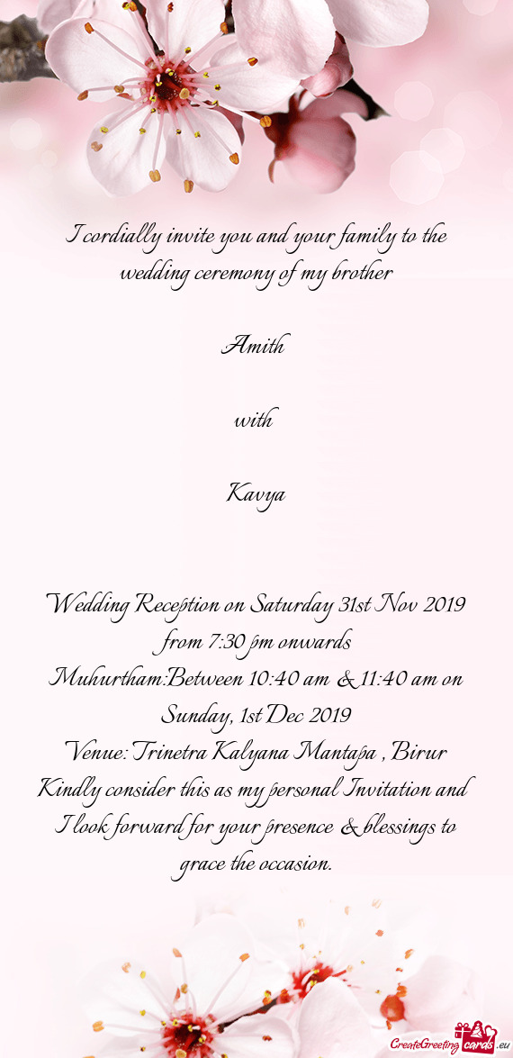 Wedding Reception on Saturday 31st Nov 2019 from 7:30 pm onwards