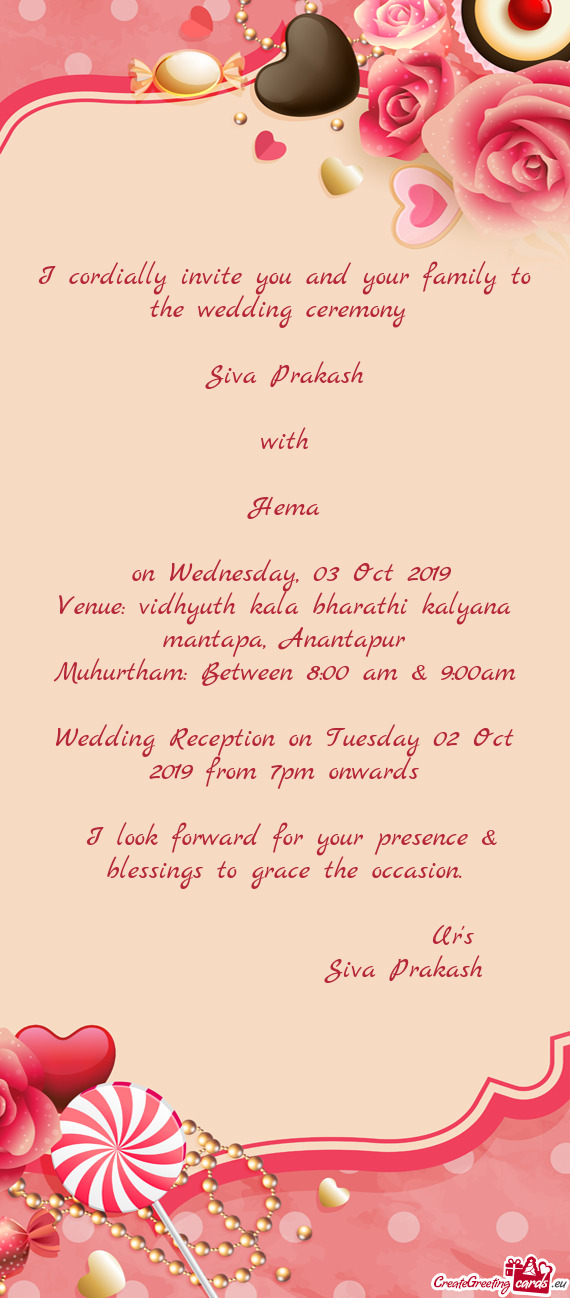 Wedding Reception on Tuesday 02 Oct 2019 from 7pm onwards