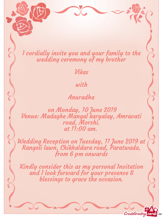 Wedding Reception on Tuesday, 11 June 2019 at Rangoli lawn, Chikhaldara road, Paratwada, from 6 pm o