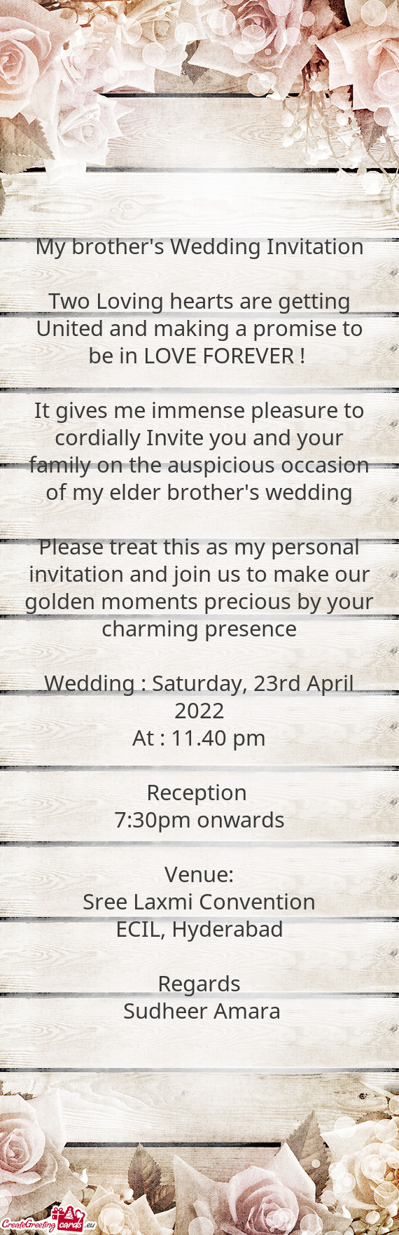 Wedding : Saturday, 23rd April 2022
