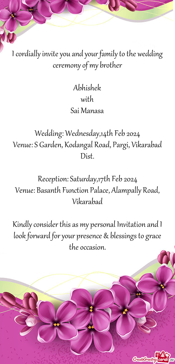 Wedding: Wednesday,14th Feb 2024