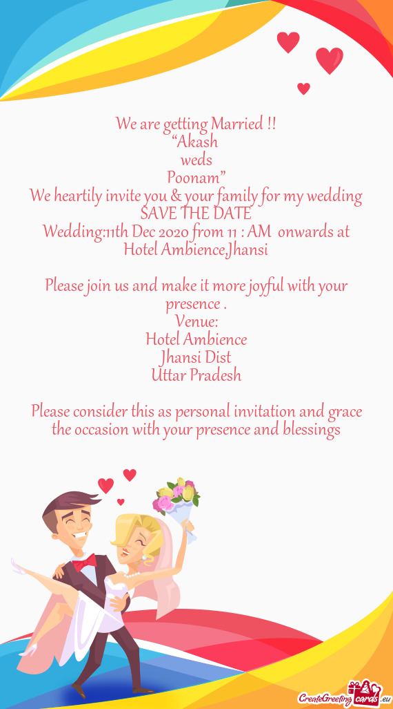 Wedding:11th Dec 2020 from 11 : AM onwards at Hotel Ambience,Jhansi