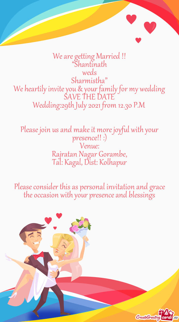Wedding:29th July 2021 from 12.30 P.M