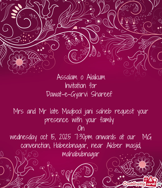 Wednesday oct 15, 2025 7:30pm onwards at our MG convenction, Habeebnagar, near Akber masjid, mahabu