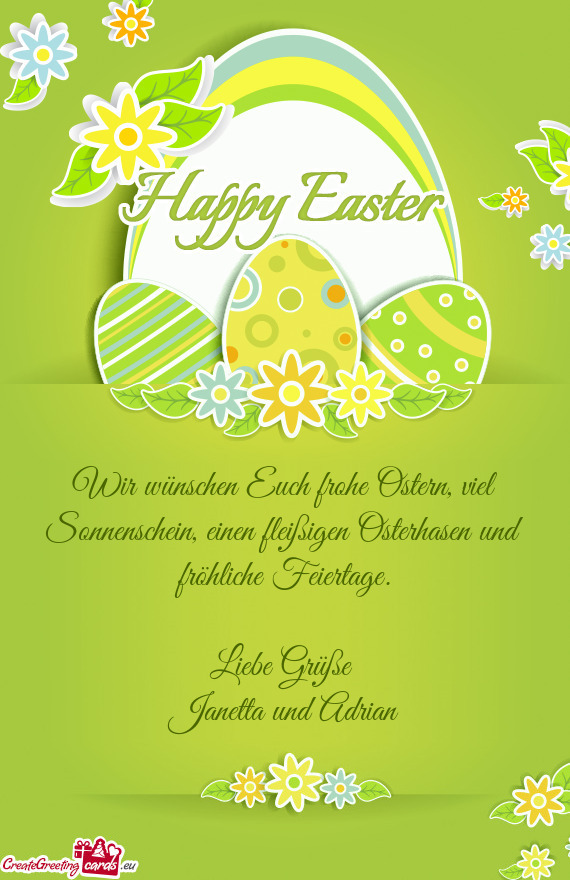 Wir wünschen Euch frohe Ostern, viel Sonnenschein, einen fleißigen Osterhasen und fröhliche Feier