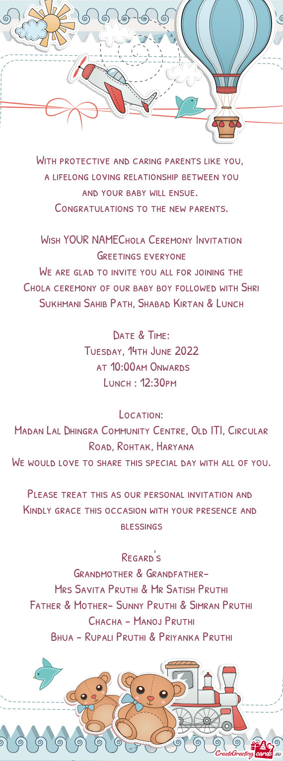 Wish YOUR NAMEChola Ceremony Invitation