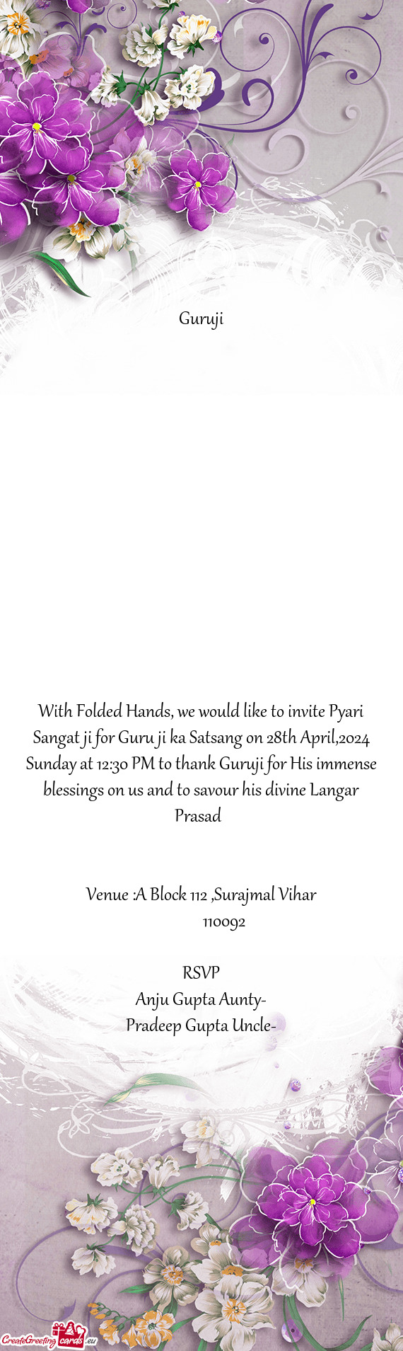 With Folded Hands, we would like to invite Pyari Sangat ji for Guru ji ka Satsang on 28th April,2024
