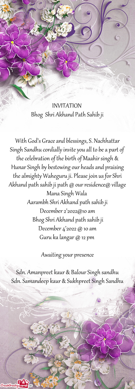 With God’s Grace and blessings, S. Nachhattar Singh Sandhu cordially invite you all to be a part o