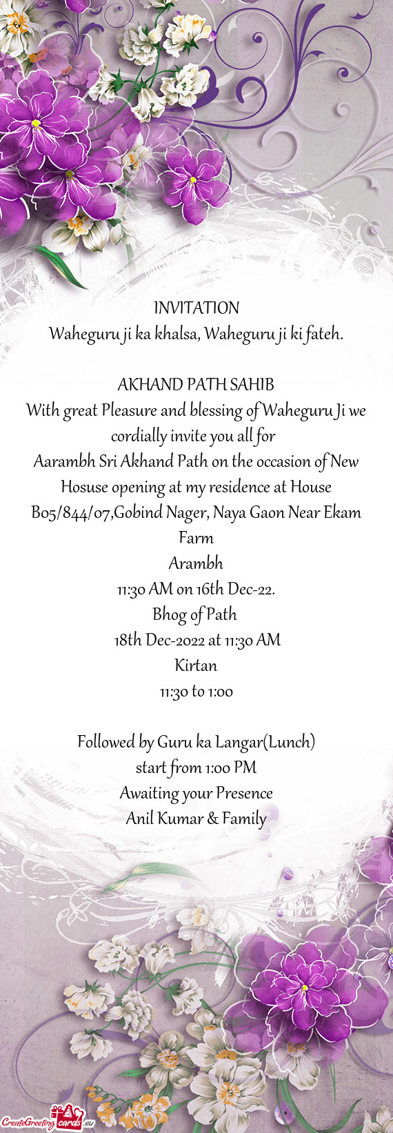 With great Pleasure and blessing of Waheguru Ji we cordially invite you all for