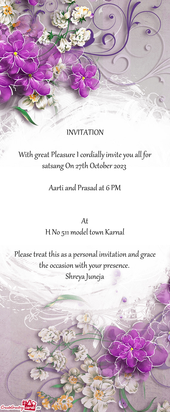With great Pleasure I cordially invite you all for satsang On 27th October 2023