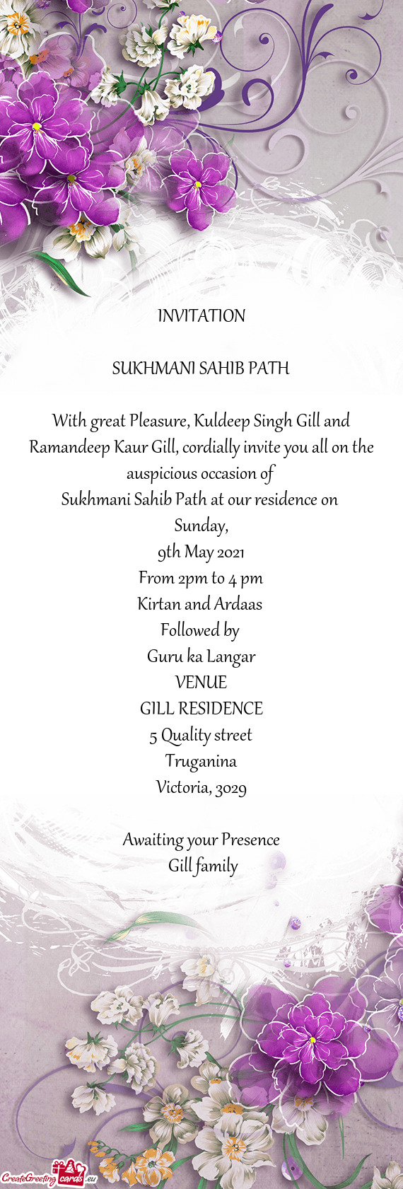 With great Pleasure, Kuldeep Singh Gill and Ramandeep Kaur Gill, cordially invite you all on the aus