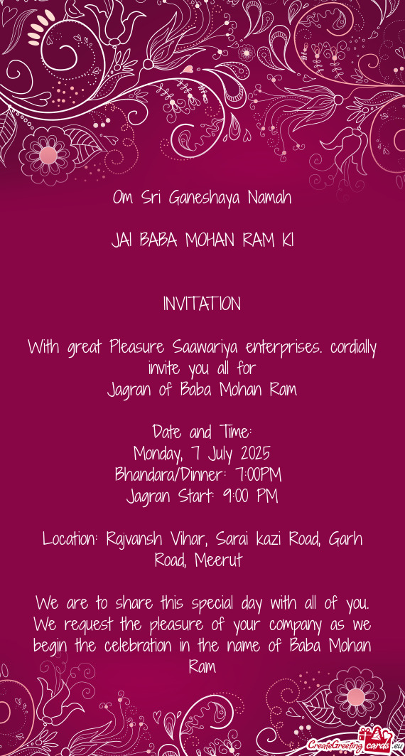 With great Pleasure Saawariya enterprises. cordially invite you all for