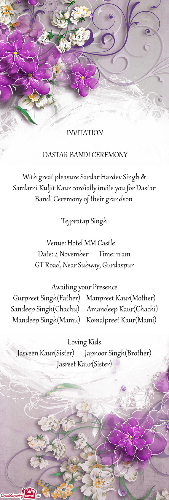 With great pleasure Sardar Hardev Singh & Sardarni Kuljit Kaur cordially invite you for Dastar Bandi