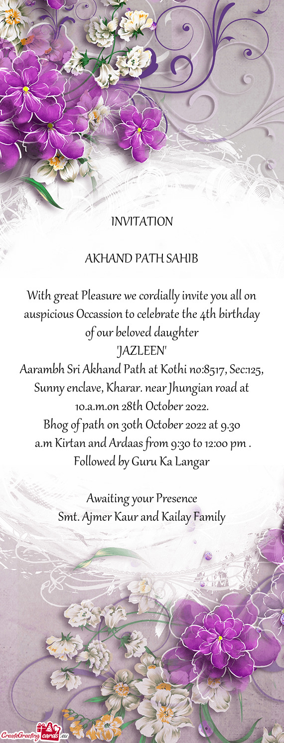 With great Pleasure we cordially invite you all on auspicious Occassion to celebrate the 4th birthda