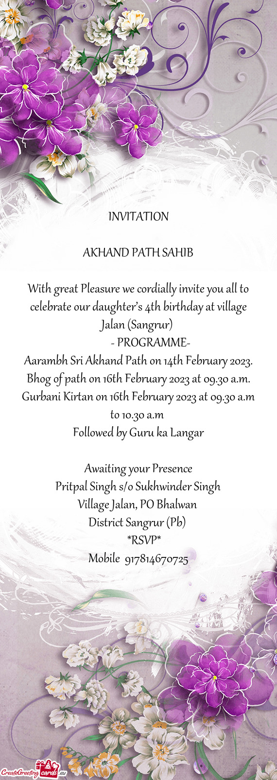 With great Pleasure we cordially invite you all to celebrate our daughter’s 4th birthday at villag