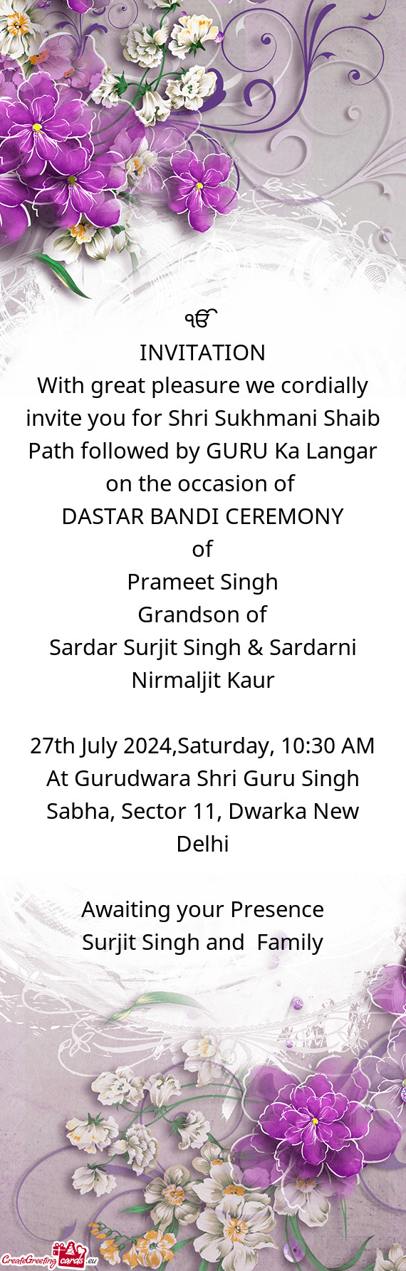 With great pleasure we cordially invite you for Shri Sukhmani Shaib Path followed by GURU Ka Langar