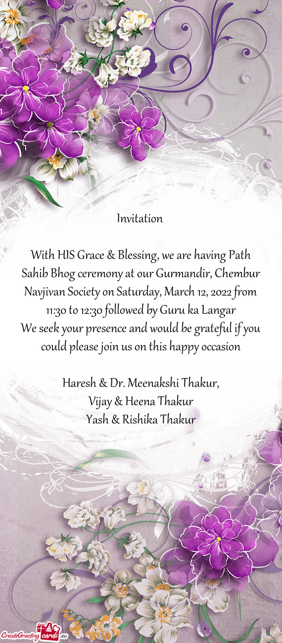 With HIS Grace & Blessing, we are having Path Sahib Bhog ceremony at our Gurmandir, Chembur Navjivan