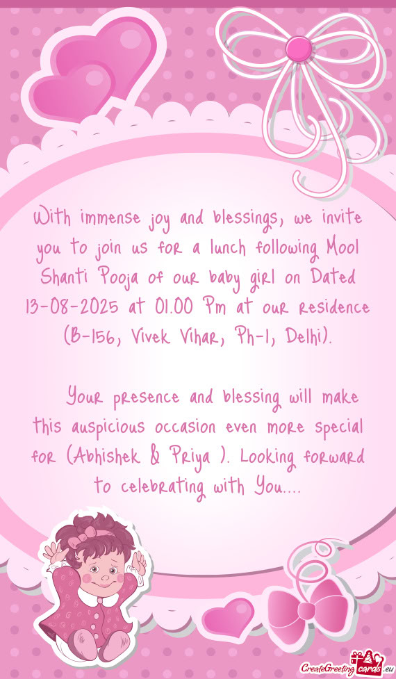 With immense joy and blessings, we invite you to join us for a lunch following Mool Shanti Pooja of
