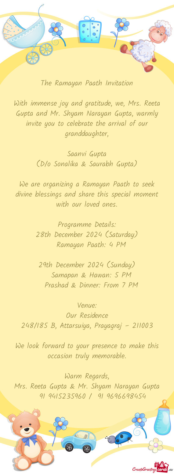 With immense joy and gratitude, we, Mrs. Reeta Gupta and Mr. Shyam Narayan Gupta, warmly invite you