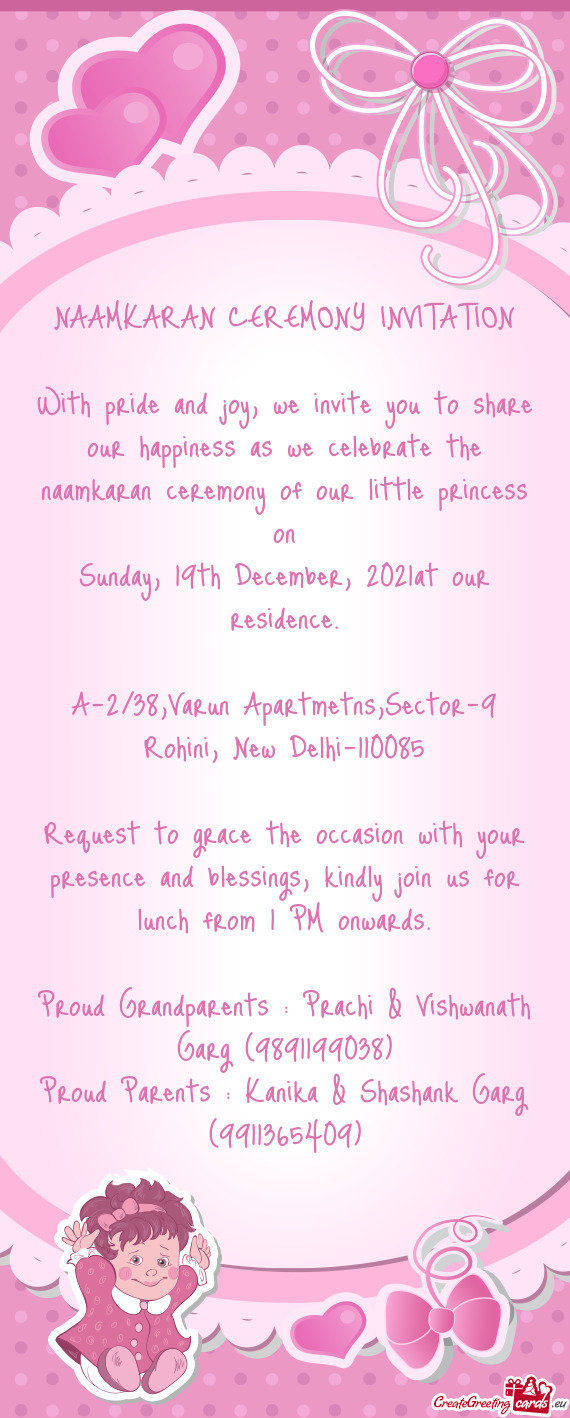 With pride and joy, we invite you to share our happiness as we celebrate the naamkaran ceremony of o