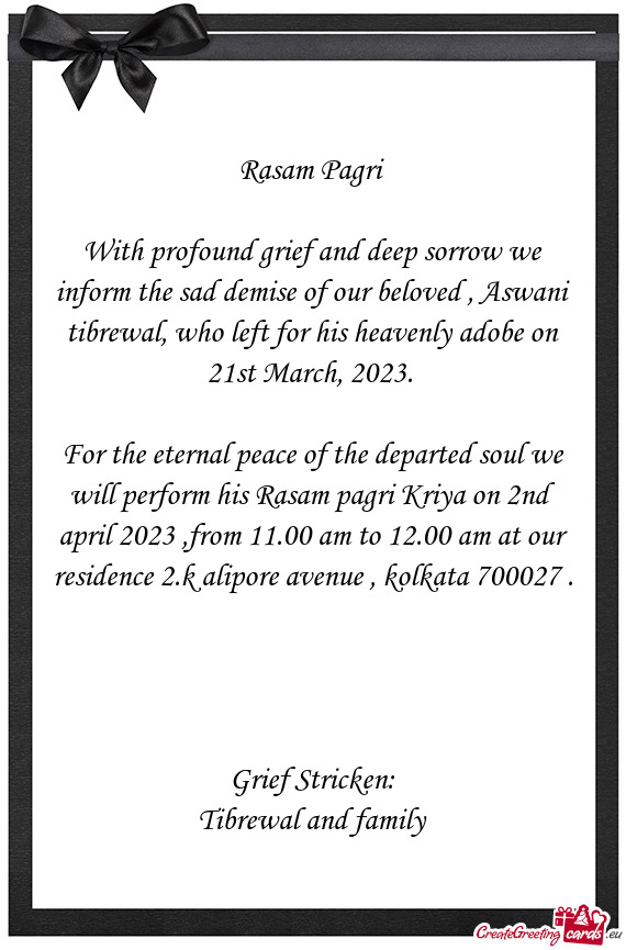 With profound grief and deep sorrow we inform the sad demise of our beloved , Aswani tibrewal, who l