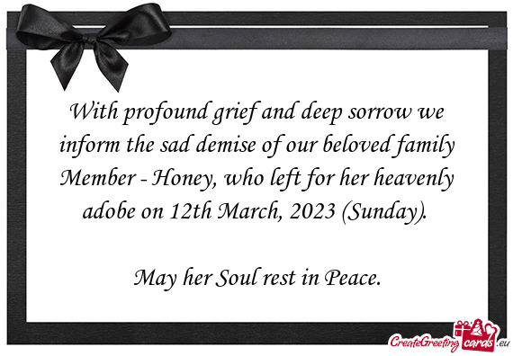 With profound grief and deep sorrow we inform the sad demise of our beloved family Member - Honey, w