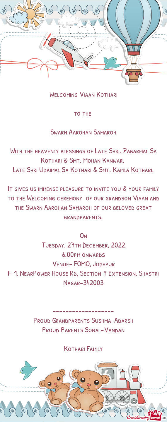 With the heavenly blessings of Late Shri. Zabarmal Sa Kothari & Smt. Mohan Kanwar