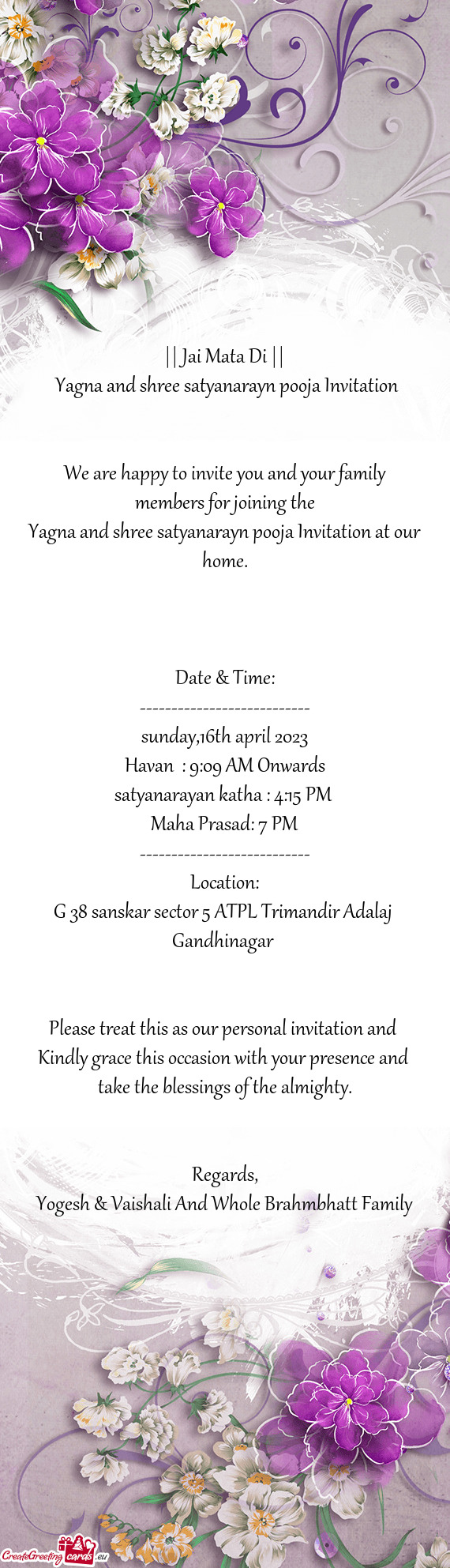 Yagna and shree satyanarayn pooja Invitation