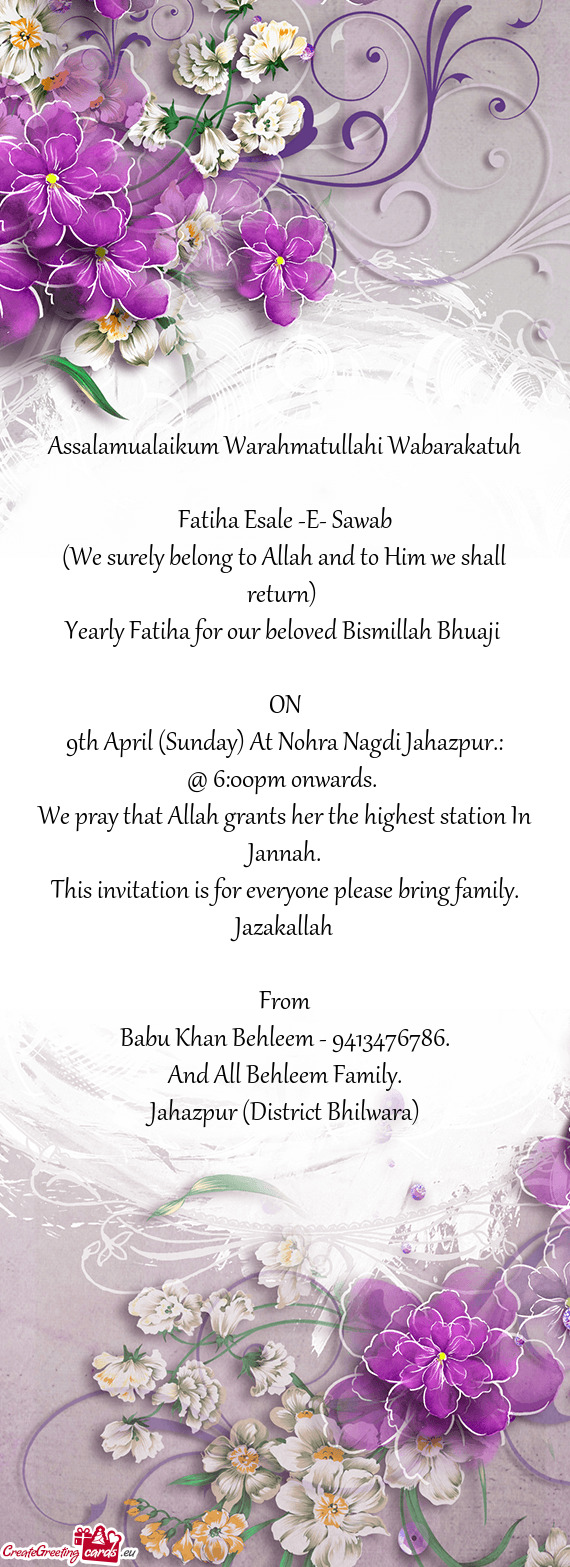 Yearly Fatiha for our beloved Bismillah Bhuaji