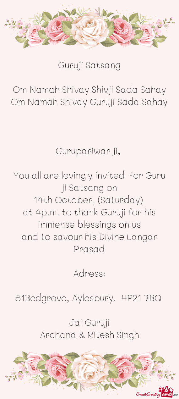 You all are lovingly invited for Guru ji Satsang on