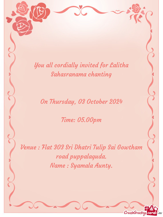 You all cordially invited for Lalitha Sahasranama chanting