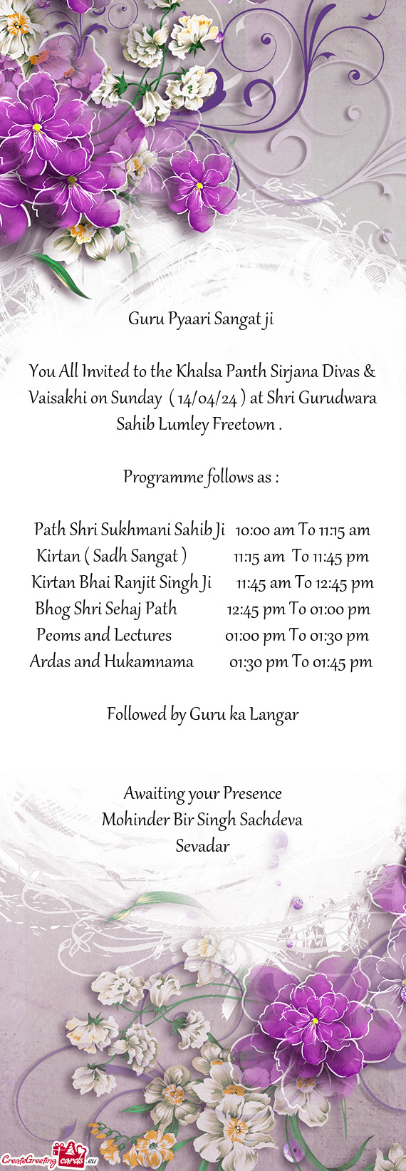 You All Invited to the Khalsa Panth Sirjana Divas & Vaisakhi on Sunday ( 14/04/24 ) at Shri Gurudwa