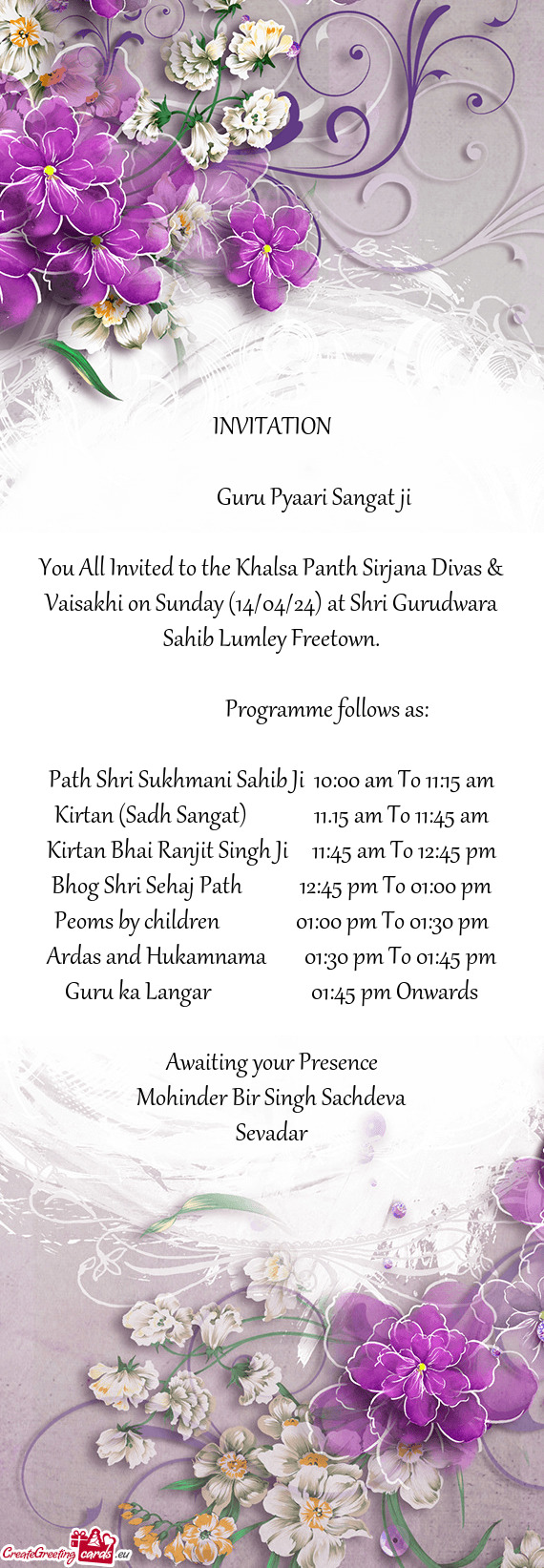 You All Invited to the Khalsa Panth Sirjana Divas & Vaisakhi on Sunday (14/04/24) at Shri Gurudwara
