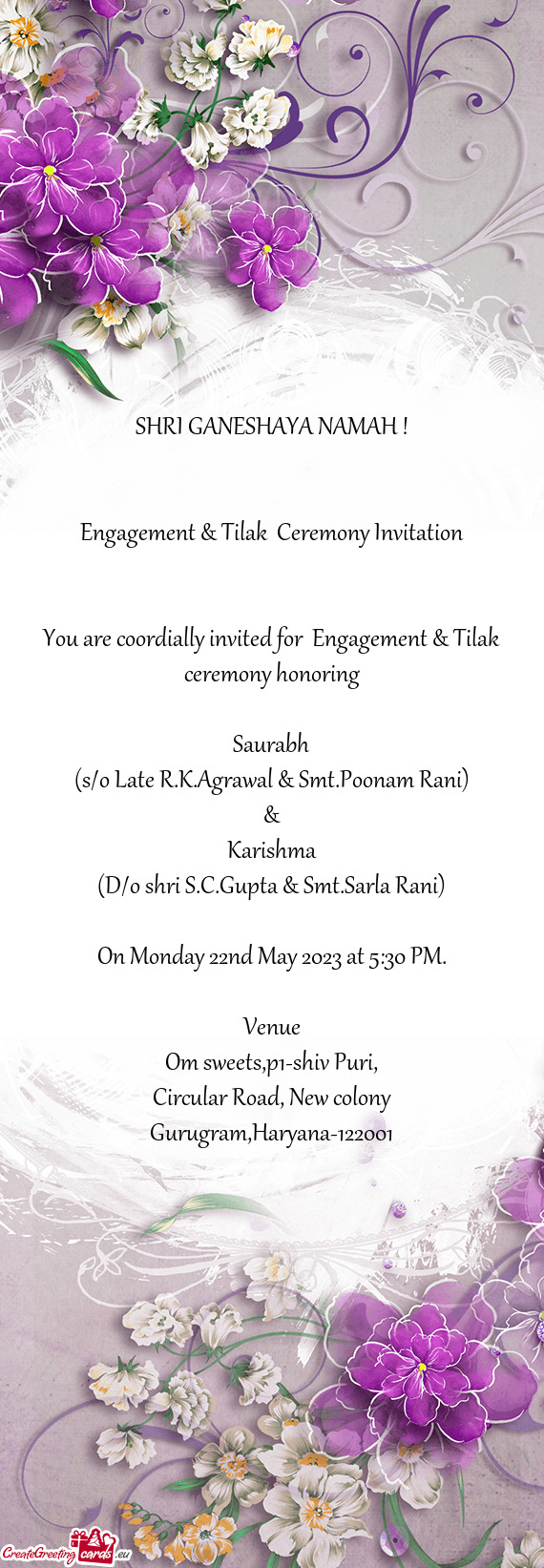 You are coordially invited for Engagement & Tilak ceremony honoring