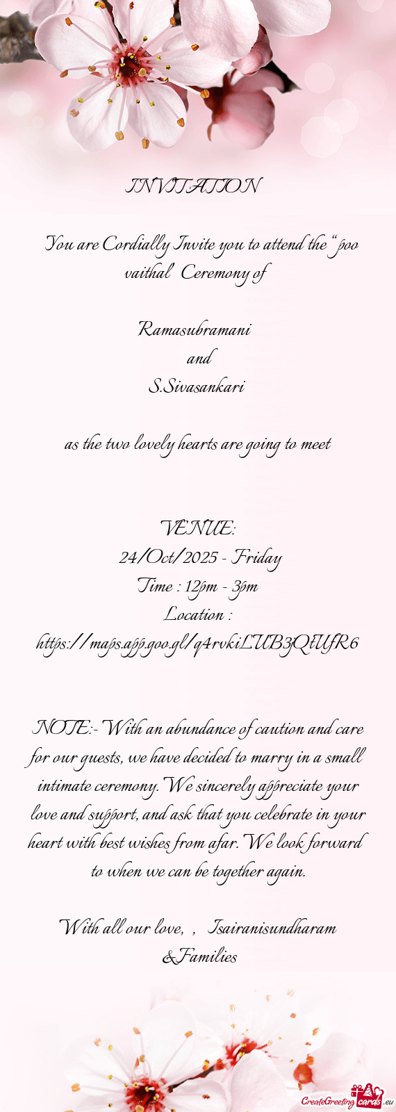 You are Cordially Invite you to attend the “poo vaithal” Ceremony of