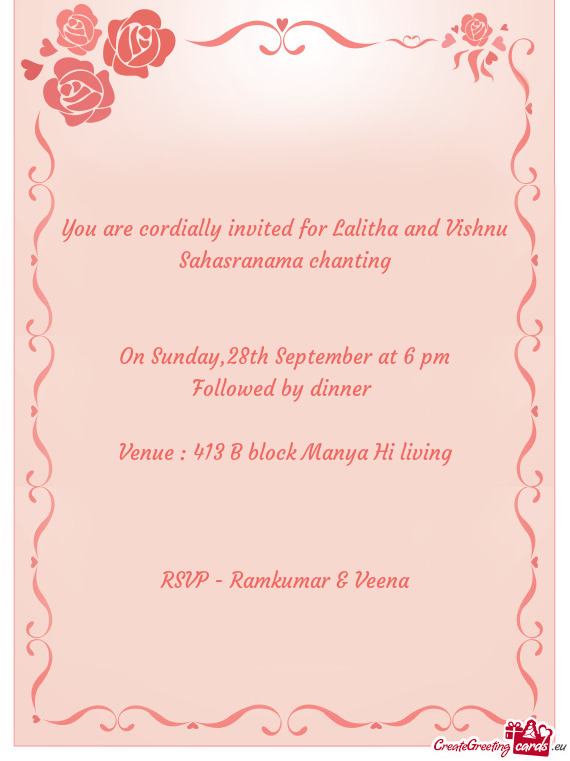 You are cordially invited for Lalitha and Vishnu Sahasranama chanting