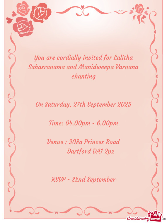 You are cordially invited for Lalitha Sahasranama and Manidweepa Varnana chanting