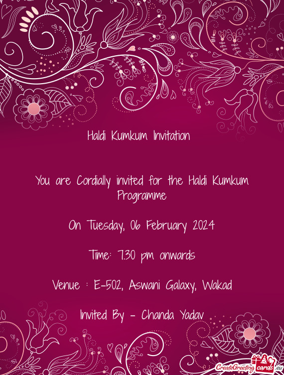 You are Cordially invited for the Haldi Kumkum Programme